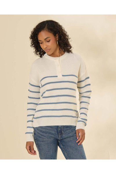 REDTAG Women Blue Striped Henley Pullover
