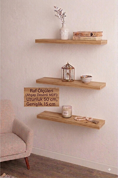 woodline 3'LÜ DUVAR RAFI 50X15 DESENLİ MDF (Sadece RAF İçerir)