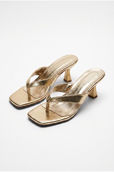 Efnaz style Women's Blunt Toe Flip Flop Heeled Slippers Sandals Gold