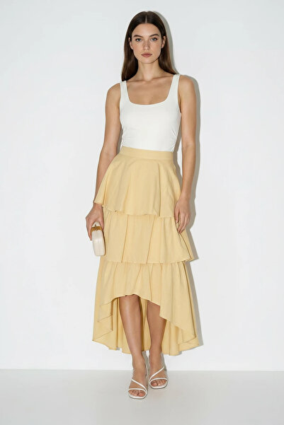 Efnaz style Women's Layered Asymmetrical Midi Saffron Skirt with Volan Detail