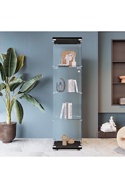 Beauty Beauty4U Black Glass Display Cabinet, 4-Shelf Curio Cabinet | Floor-St...