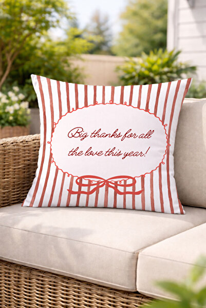 Evmila Red Striped Bow Framed Text Printed Decorative Throw Pillow Cover 43X4...