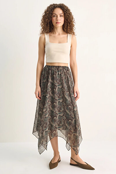 Generic Brand Women's Patterned Asymmetrical Cut Lined Chiffon Midi Brown Skirt