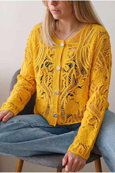 FEMELLE Mustard Yellow Crochet Cardigan with Buttons Standard Size