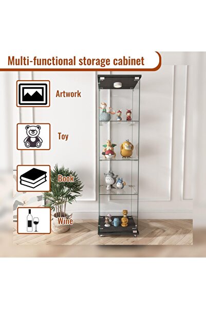MODERN 4-Shelf Glass Display Cabinet with LED Lights, 1-Door Floor Standing Curio Cabinet with Universal Wheel for Home or Office, Black Glass Bookshelf for Collections, Decor, and Corner Display
