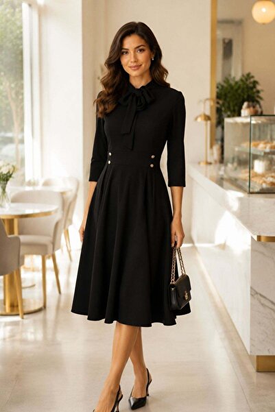 Mossta Yakadan Bow Tie Detail Buttoned Midi Imported Crepe Dress - Black