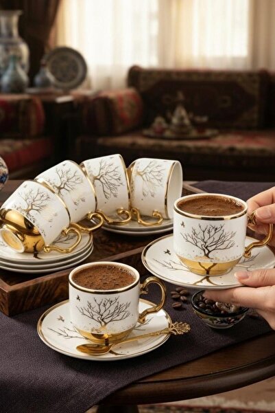ALBETTO Hayat Ağacı Desenli Gold Detaylı 6 Kişilik Porselen Türk Kahvesi Finc...