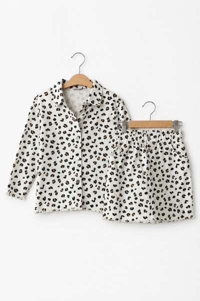 NOBLEKIDS Girl's Leopard Patterned Shirt and Skirt Set Ecru