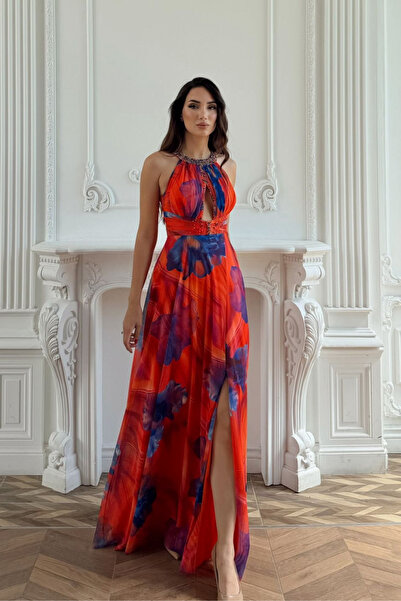 Sindimoda Halter Yaka Damla Detay Baskılı Abiye 1110