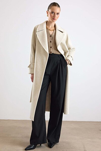 Olcay Reglan Sleeve Snap Closure Medium Length Coat Beige Melanj 3145