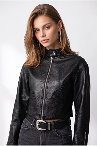 Mixray 2217 Women's Stand Collar Zippered Leather Biker Jacket Black