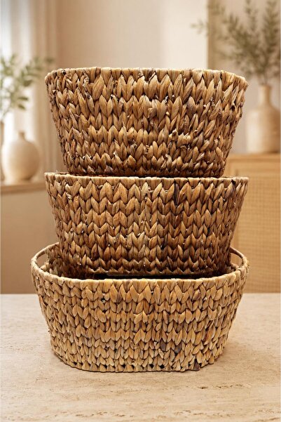İLİVA 3-Piece Natural Wicker Basket Set Multi-Purpose Decorative Organizer St...