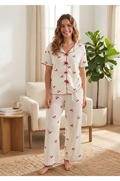 Chordi Set de pijamale pentru femei, 100% bumbac, cu detaliu fundă Alaçatı, c...