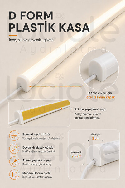 luciole 220V Günışığı LED Bar 100 cm Fişli Anahtarlı Yapışkanlı Tezgah Altı Dolap İçi Aydınlatma