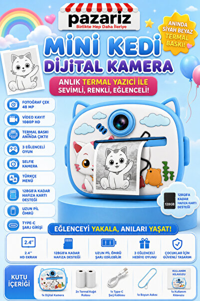pazariz Çocuk Dijital Kamera Kedi Temalı Termal Yazıcılı 2.4 İnç Ekran Fotoğraf Video Selfie 3 Oyunlu Anında Baskı Makinesi Print Kamera Çift Kamera, Silikon Kılıf