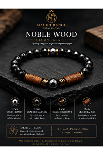 magıcgrange Men's Natural Stone Bracelet – 8 mm Black Crystal Onyx, Silver Hematite, Blue Hematite, and Wood Detailed Design Noble Wood