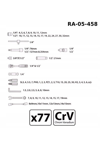 NO BRAND Set de chei tubulare cu cap plat 1/2 " 1/4 " 77 piese WALIZKA CRV
