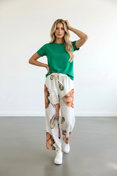 Cassime Pantaloni de damă de vară, verde crem, cu imprimeu portocaliu, broder...