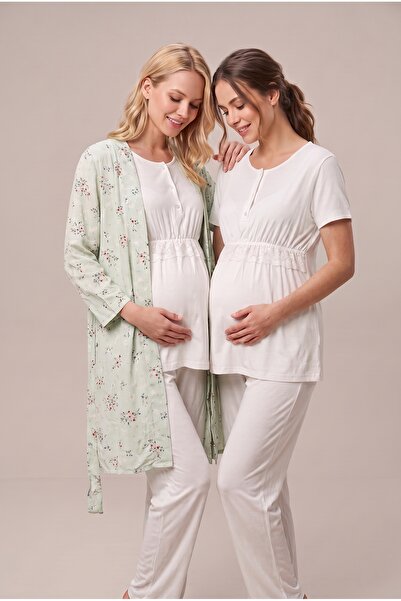 LOHOUSE Women's Ecru Floral Patterned Lace Maternity Pajama Set with Dressing...