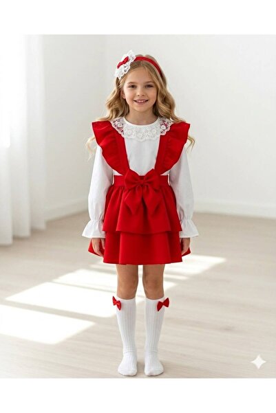 TREND NATURAL Trendnatural Girls Ruffle Bowknot Salopet Dress Set with Lace B...