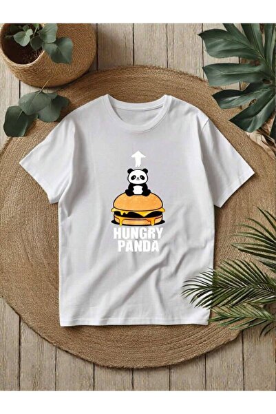 k222 Casual Hungry Panda Burger T-Shirt - Fun Animal Cartoon Print Short Slee...