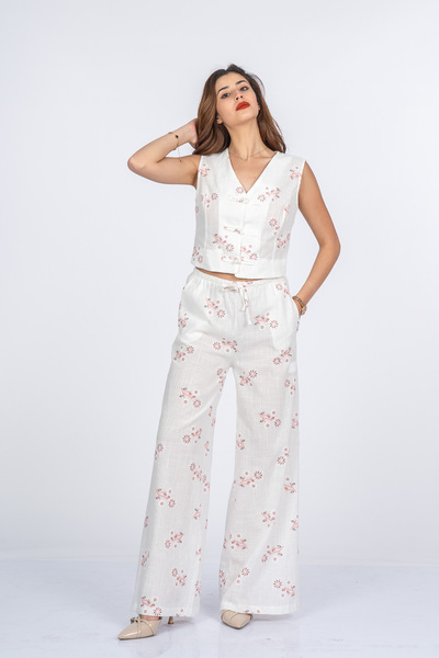 MissVina Women's Red Bella Elegant Floral Embroidered Linen Set 9146