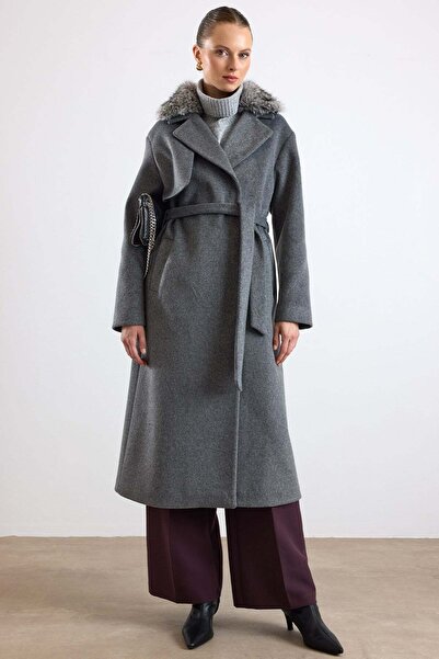 Olcay Oversize Detachable Fur Low-Sleeve Coat Dark Gray 3178