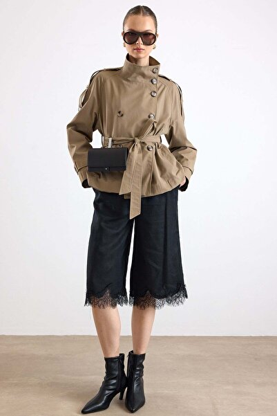 Olcay High Collar Epaulet Detailed Water Repellent Short Trench Coat Vi̇zon 6883