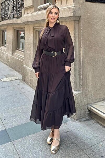 Generic Brand Brown Scarf Collar Detailed Belted Chiffon Dress