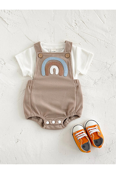 Generic Brand Baby Romper and T-Shirt Set, Unisex Beige Waffle Knit Outfit wi...