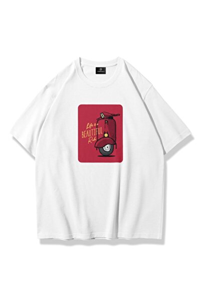 Cupla Unisex Life is a Beautiful Ride Tshirt Beyaz