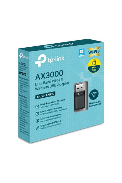 TP-LINK Archer TX50U | AX3000 Wi-Fi 6 Kablosuz USB Adaptör | 3000 Mbps Çift B...