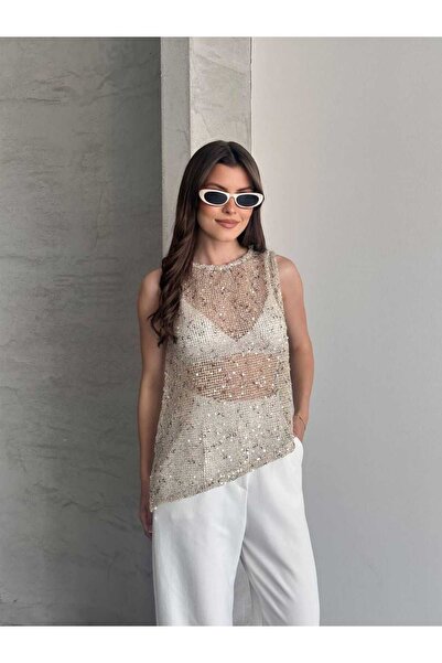 Biber Collection Kadın Pullu Fileli Asimetrik Kesim Kolsuz Bluz