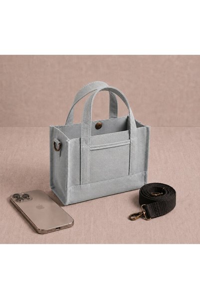 OLD COTTON BAGS Gray Mini Canvas Women's Hand and Shoulder Bag with Adjustable Strap and Snap Fastener Vintage 19X16X9 cm