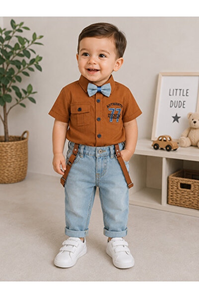 Erkek Bebek Papyon Detaylı Kahverengi Gömlek ve Askılı Açık Mavi Denim Pantolon 2'li Şık Takım