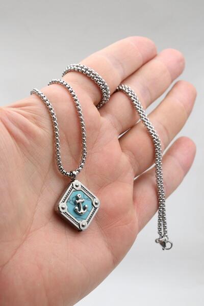 Prestige Anchor Figured Turquoise Stone Necklace Stainless Steel Chain 902905