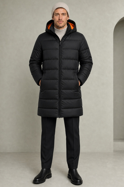 Montland Men's Black Water and Wind-Resistant Hooded, Lined Long Winter Puffe...