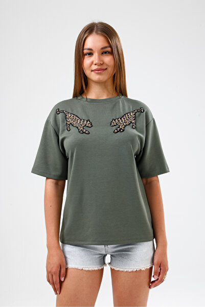 Madame QAN's Sequin Double Tiger Embroidered Premium Fabric T-Shirt