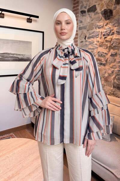Salih Çelebi Striped Volan Sleeve Tunic 5402 - Dark Blue