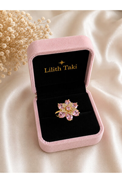 Lilith Takı Pink Stone Flower Model Rotating Stress Ring – Gold Color Sparkli...
