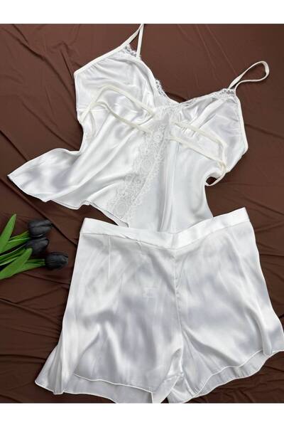 ROZENİN LINGERIE Plus Size Lace Detailed Satin Strap Shorts Pajama Set