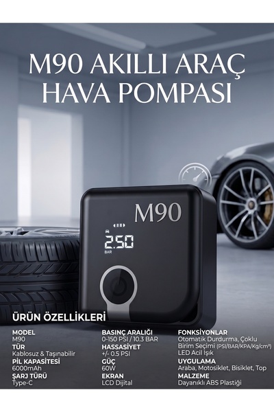M90 Şarjlı Akıllı Araç Lastik Şişirme Pompası Dijital Ekranlı Kablosuz Hava K...