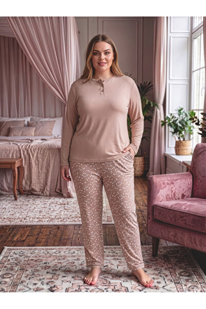 Büyük Beden Desenli Viskoz Kadın Pijama Takım