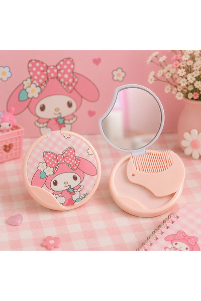Blondcoo Trend My Melody Figürlü Katlanır Taraklı Kawaii Mini Cep Makyaj Aynası
