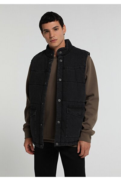 Colin's Vestă din denim negru pentru bărbați, cu croială normală, guler înalt...