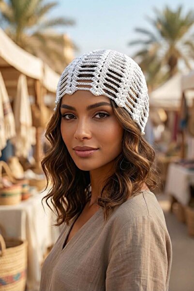 GRI MOR TEKSTIL 100% Hand Knitted Pearl Bead Detailed Mesh Beanie