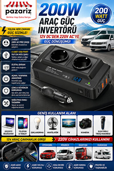 pazariz 200W Araç Güç İnvertörü 12V-220V Dönüştürücü, 2 Priz 4 USB, Dijital E...