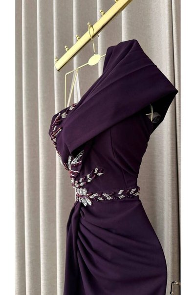 ELORA FASHION فستان سهرة طويل بنفسجي داكن بكتف واحد