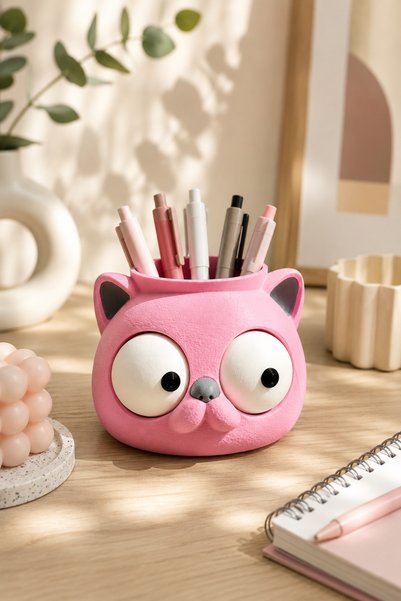 Arvella Studio Eye-Moving Desktop Cat Pen Holder – 180 °   Rotatable Eyes, Fun Desktop Organizer and Decorative Pencil Case - Exotic Cat