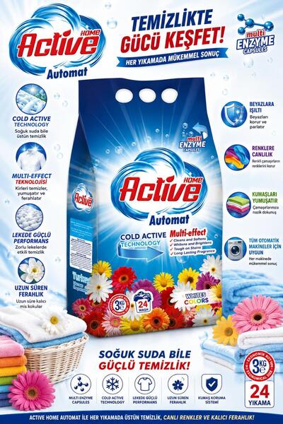 Home active Active Home Otomat Matik Toz Çamaşır Deterjanı 3 kg – Beyazlar ve...